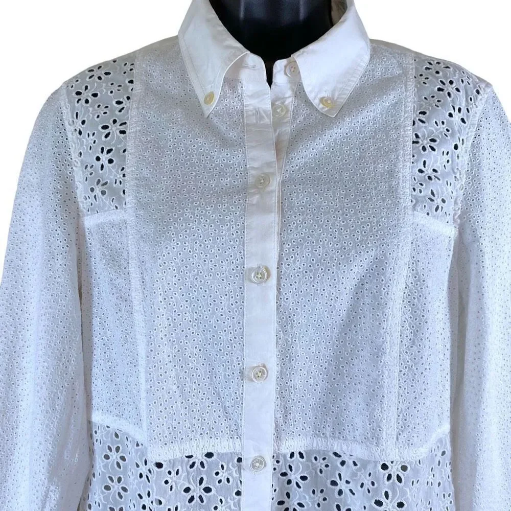 Tory Burch Ivory Eyelet Patchwork Button Down 3/4 Sleeve Shirt